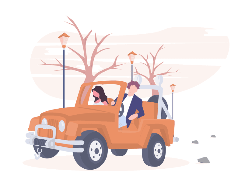 Two people on a car.